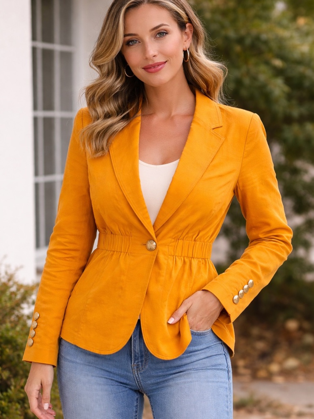 White House Black Market Golden Yellow Cinch-Waist Blazer with Gold Buttons